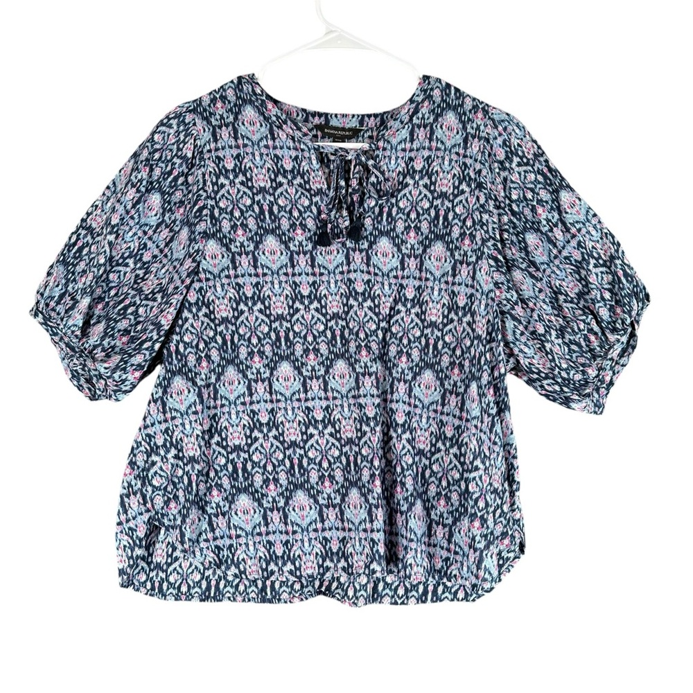 Banana Republic Navy Blue Ikat Print Tie-Neck Blouse with Pink Accents